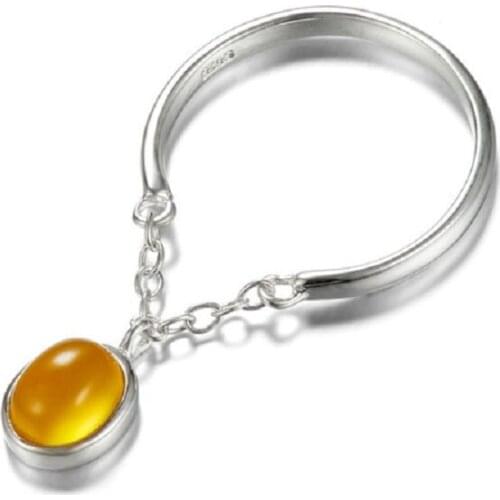 SHIQING Gemstone 925 sterling silver yellow chalcedony ring, chian fashion open silver ring for women