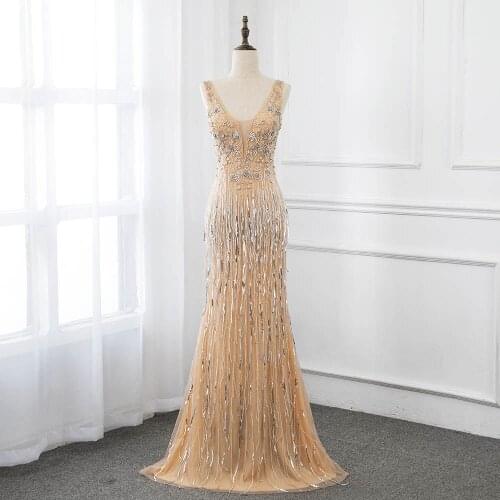 Gold V Neck Long Tassel Evening Dress Formal Evening Gown Party Dresses