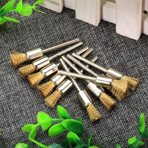 10Pcs 8mm Pen Shape Brass Wire Cleaning Polishing Brushes Wheel 3mm Shank Mandrel for Grinder Drill Power Rotary Abrasive Tools
