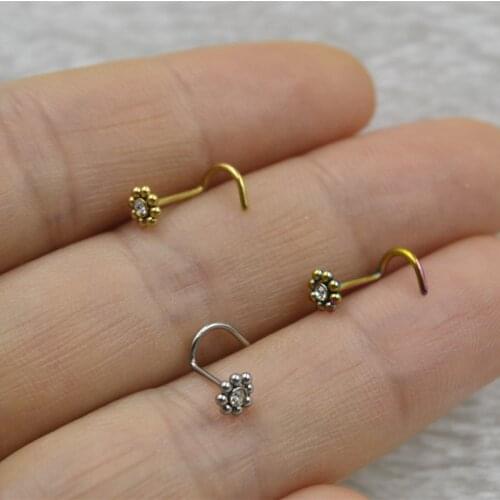 50pcs/Lot Flower Gems Nose Rings Nostril Nose Ring Curve Screw Nose Studs 20g~0.8mm Body Piercing Jewelry