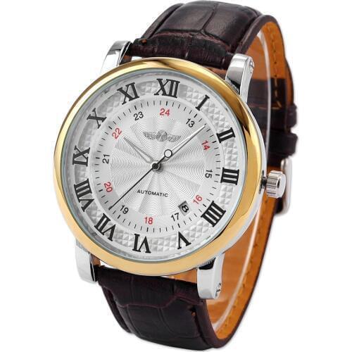 WINNER Mens Business Watch Rome Number Top Brand Wristwatch Self Wind Automatic Mechanical Auto Date Leather Band Male Clock
