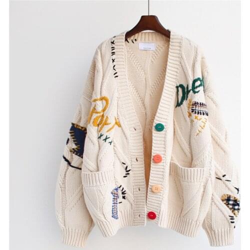 2021 Autumn Winter Knitted Female Cardigan Pocket Embroidery Warm Knit Sweater Jacket Casual V neck Knit Cardigan Women Jacket