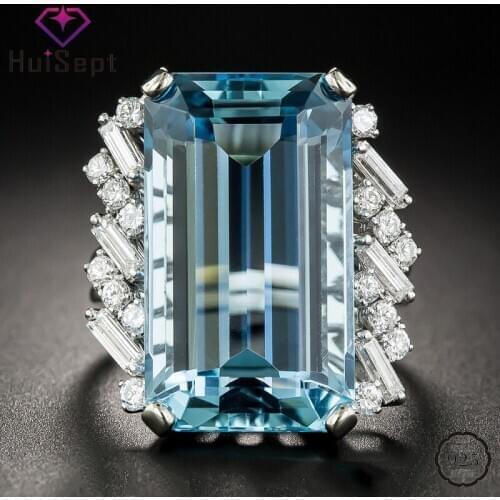 HuiSept Trendy 925 Silver Ring Rectangle Shape Sapphire Zircon Gemstone Jewelry Ornament for Women Wedding Party Gift Wholesale