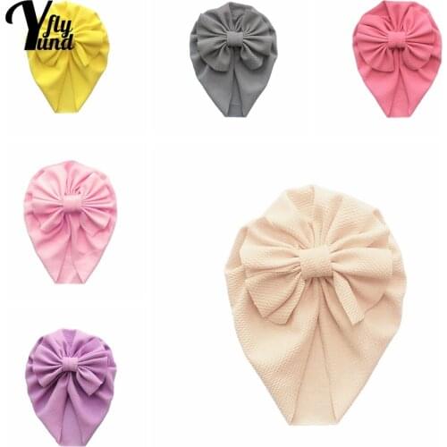 Yundfly 19*19 CM Soft Comfortable Baby Girls Turban Hat Solid Color Handmade Bowknot Newborn Caps Bows Headwear Hair Accessories