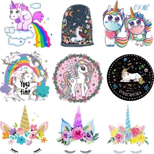 Animal Patches Unicorn Iron On Transfer Patches For Clothing Cartoon Unicorn Heat Transfers Stickers On Kids T-shirt Appliques