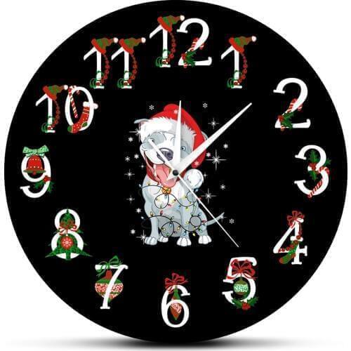 Merry Christmas Pitbull Dog Wall Clock Holiday Popular Dog Breed Pitmas Modern Wall Clock Pit Bull Christmas Gift For Dog Lover