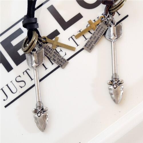 NIUYITID Arrow Feather Pendant Necklace Ancient Silver Color Men Genuine Leather Jewellery Long Rope Asjustable 40-80cm