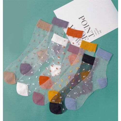 2021 Womens Spring Summer Socks Breathable Transparent Mesh Short Socks Female Glass Silk Transparent Cute Dot Fashion Socks