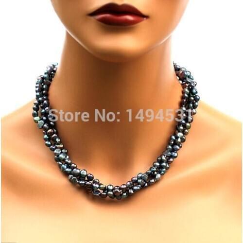 Wholesale Pearl Jewelry - Black Color 3 Strands Baroque Genuine Freshwater Pearl Necklace Earrings - Handmade Jewelry Set