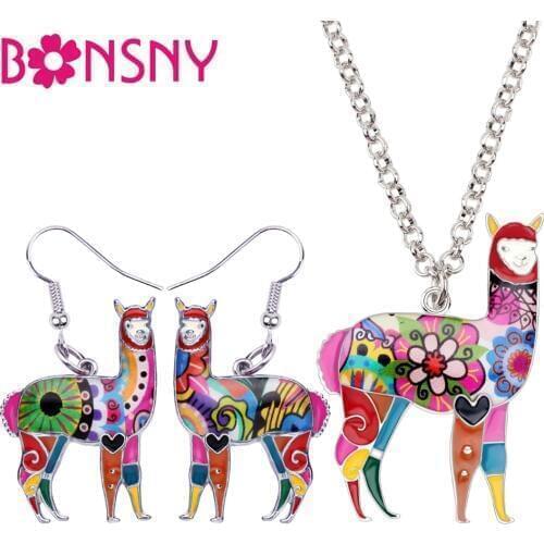 Bonsny Enamel Alloy South America Alpaca Earrings Drop Dangle Necklace Chain Pendant Jewelry Sets Cute Animal Bijoux Gift Femme