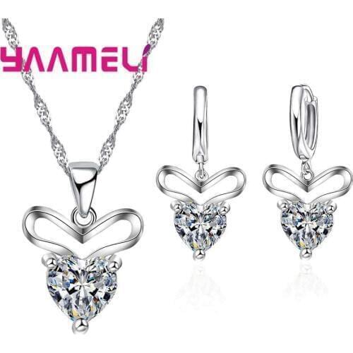 Simple Style Love Heart Girls Daily Necklace Earrings With One Lovely Zircons 925 Sterling Silver Women Jewelry Sets