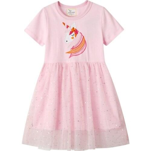 Unicorn Print Girls Short Sleeve Lace Cotton Princess Party Dress Kids Tutu Costume Summer New Style Children