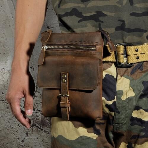 SAMWESTAR Mens Chest Waist Packs Genuine Leather Retro Vintage Mobile Phone Camera Outdoor 8-Inch with Hook Small Waist Pack