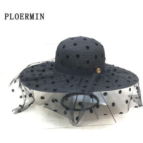 PLOERMIN 2020 New Dot Mesh Sun Hat Big Brim Ladies Summer Straw Hat Youth Hats For Women Church Elegant Sun Hats Beach Cap
