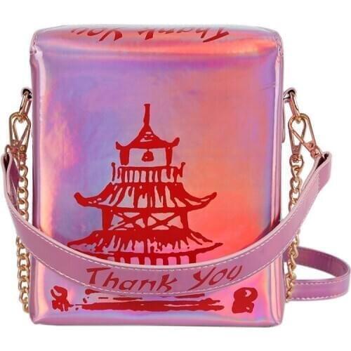 Weysfor Laser Chinese Takeout Box Purse Pu Leather Women Handbag Fashion Crossbody Bag Shoulder Chain Bag for Girl Bucket Bag