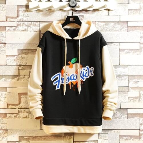 Japan Style Casual Spring Autumn 2021 Patchwork Black Print Hoodie Sweatshirt MenS Thick Fleece Style Hip Hop Streetwear