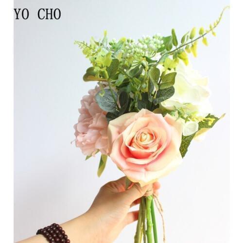 YO CHO Artificial Peony Rose Silk Flower Bouquet Small Hydrangea Fake Flower Wedding Home DIY Decoration Valentines Faux Flores