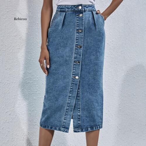 High Waist Front Button Up Long Denim Jeans Skirts Womens Ruched Pencil Jean Skirt Ladies Blue Casual Split Midi Skirt New