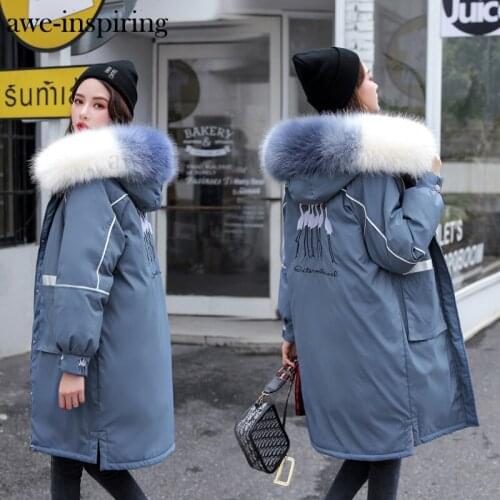 2020 Jacket Women Medium Long Fur Collar Embroidery Oversized Thickened Cotton Hooded Parkas Coat Winter Puffer Down Coat