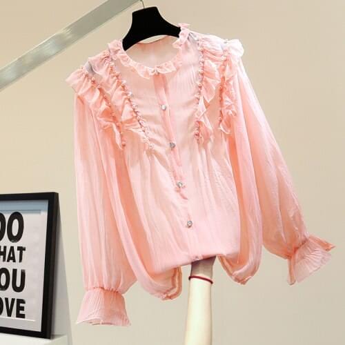 Beads Sequined Shirt Womens 2021 Spring Korean Style Loose Ruffled Pleated Chiffon Solid Color Long Sleeve Blouse Blusas