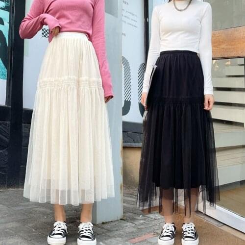 2021 new Mesh skirt autumn winter spring womens new style high waist fringed pleated mid-length stitching yarn a-line skirt