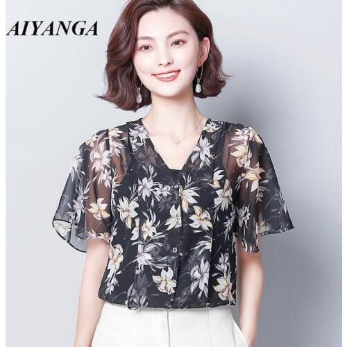2019 Fashion Women Chiffon Blouse Top Femme Print Shirt Mujer V-neck Summer Womens Shirts Flare Sleeve Elegant Feminine Blouses