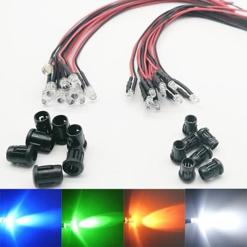 10-100pcs 3mm/5mm Red/Green/Blue/RGB white UV DC12V Round Pre-Wired Water Clear LED With Plastic Holder