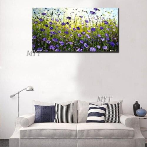 100% hand-painted, contemporary abstract purple flowers, oil painting art murals, living room decoration