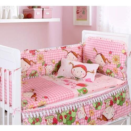 6PCS Cot Baby Bedding Set for Girl Boy Newborn Baby Bed Linens Bedding Room Decor Cotton Cartoon (4bumpers+sheet+pillow cover)