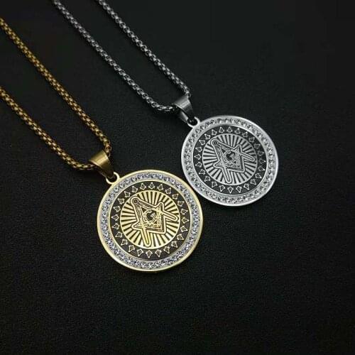 Hip Hop Iced Out AG Sign Pendant Necklace Gold/Silver Color Stainless Steel Round Masonic Chain For Men Jewelry Dropshipping