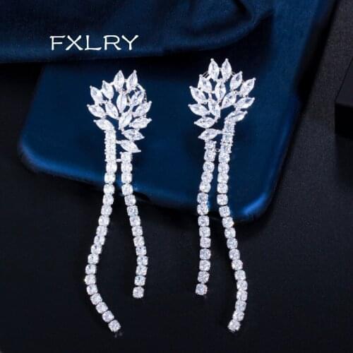 FXLRY Luxury Fashion Cubic Zirconia Flower Tassel Earring For Women Bridal Jewelry
