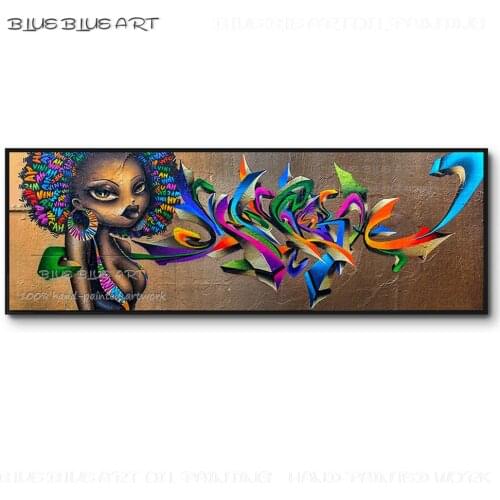 Super Long Size Graffiti Art Full Color Oil Painting Hand-painted Street Wall Art Fine Art Black Woman Portrait Oil Painting