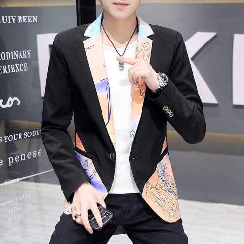 HOO 2021 Mens Casual Handsome One Button Printed blazer Youth Slim Autumn Special Multicolor blazer