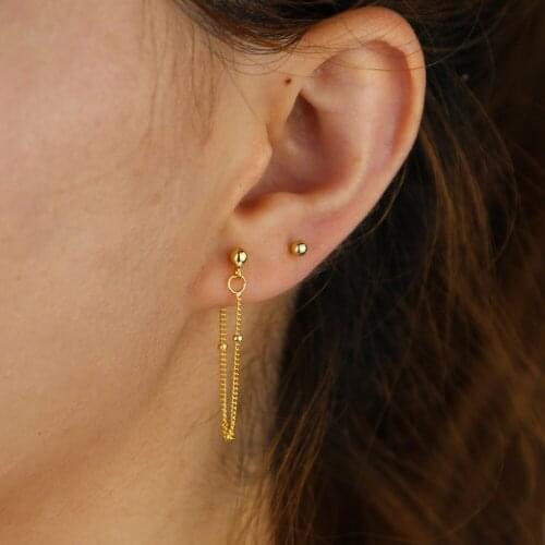 Fine 925 sterling silver minimal ball beaded jewelry with tiny long Tassel chain women Gold filled delicate dainty stud earrings