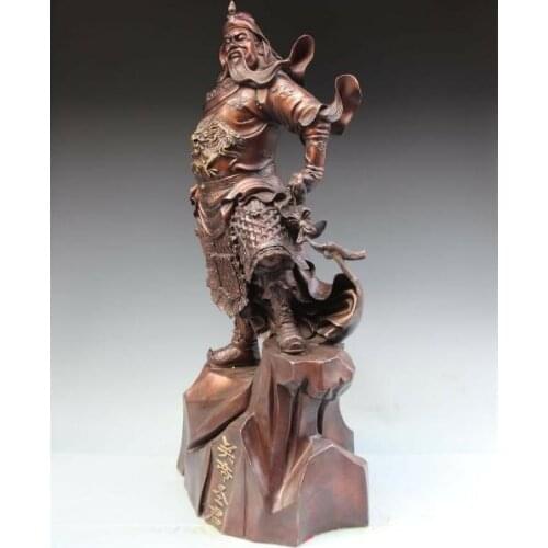 China Folk Copper Bronze Dragon Guan Gong Guan Yu Hold Knife Warrior God Statue
