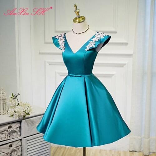 AXJFU Korean banquet short princess lack blue satin bow evening dress fluffy princess v neck wine red fashionable evening dress