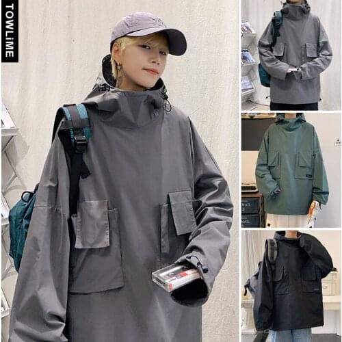 Hip Hop Mens Streetwear Hooded Coat 2021 Autumn Casual Cargo Big Pockets Solid Color Loose Jackets Couple Windbreak Pullovers