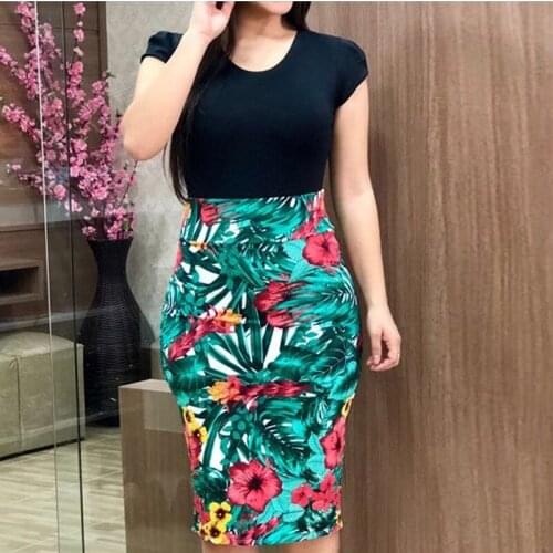Summer Women Flower Floral Print Patchwork Mid-Length Dresses Sexy Slim Package Hips Short Sleeve Dress Vestidos Oversized Femme