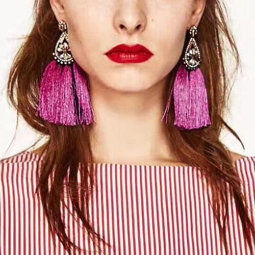 MANILAI 4 Colors Fashion Rhinestones Long Tassel Statement Earrings For Women Wedding Bohemia Drop Dangle Earring Fringed