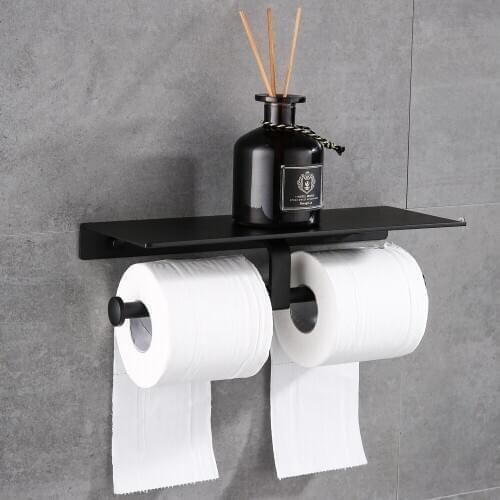 Double Roll Toilet Paper Holder with Phone Shelf Wall Mount Bathroom Accessories Phone Rack Toilet Shelf Space Aluminum Material