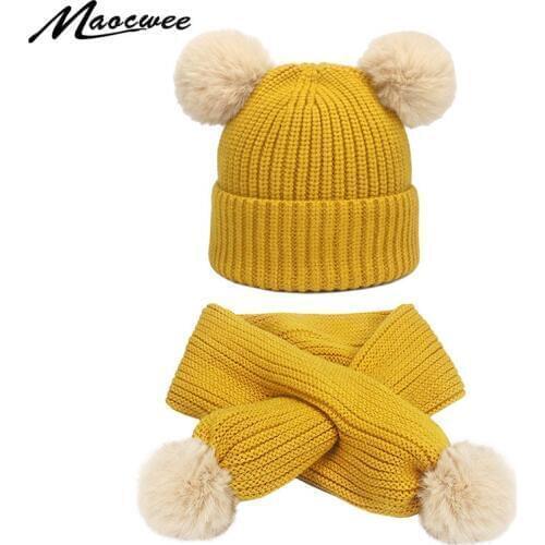 Cute Winter Warm Kids Baby Girl Boy Two Faux Fur Pompoms Hats Solid Knitted Pom Beanie Scarf Crochet Ball Cap Solid Children Hat