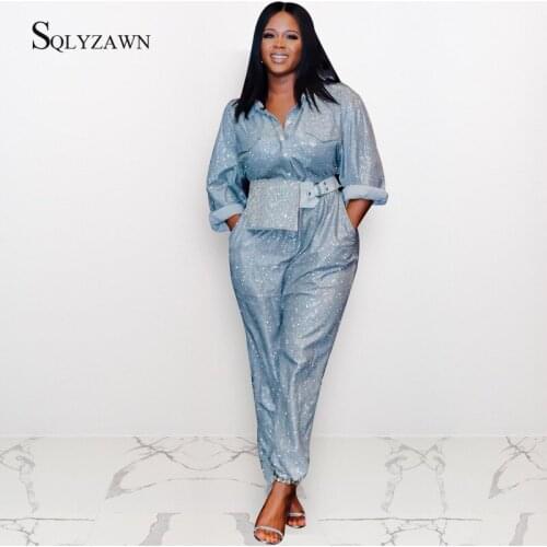 Fashion Sequin Glitter Blue Long Sleeve Cargo Pants Jumpsuit Women Streetwear Fall Romper Casual Loose Overall Plus Size 2XL
