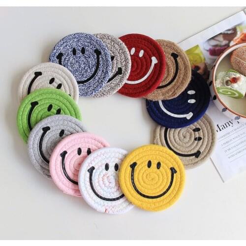 12 Colors Smiley Coaster Set Tableware Kitchen Accessories Table Mat Cotton Rope Non-Slip Ins Woven Heat Insulation Cup Coaster