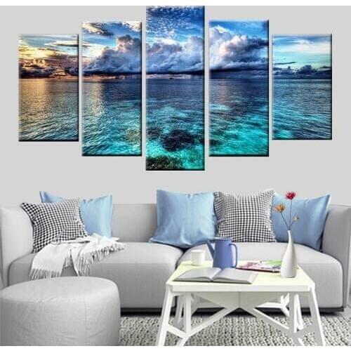 HD Print Wall Artist Living Decoration Living Room Bedroom Mural Ocean Wave Landscape Poster Canvas Painting 5 Panel
