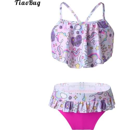 Summer 2Pcs Kids Girls Swimwear Bikini Suit Spaghetti Straps Criss Cross At Rear Ruffle Hem Tube Top With Bottom Set Beach Sets