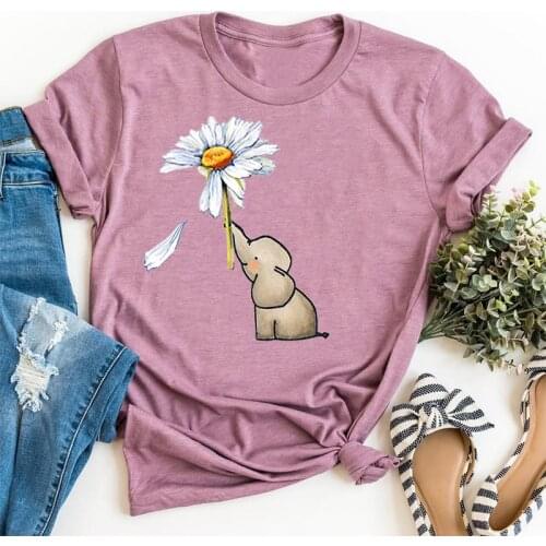 Cartoon Elephant Sunflower 2021 New Summer T-shirts Women Graphic Harajuku Short Sleeve Tees Tops for Female Cute Funny Shirts