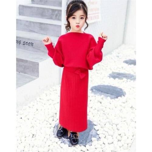 2020 Autumn Winter Baby Girls Knitted Clothing Sets Kids Girls Casual Warm Outfits Children Sweater Tops+Skirt 2pcs Suit W522