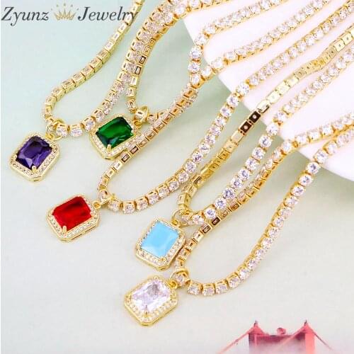 5PCS, Fashion Luxury Crystal Choker Necklace For Women Gold Tennis Chain Square Pendant Necklace Wedding Bridal Jewelry Gift