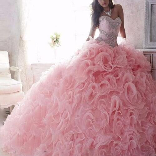 Princess Sweet 16 Quinceanera Gowns Ball Gown Organza Ruffle Pink Quinceanera Dresses Lace Up Rhinestones Debutante Gown