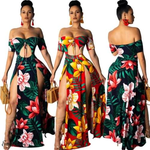 Sexy Womens Long Dress Maxi Dress Summer V Neck Flower Print Bohemian Sundress Off Shoulder Hollow Hole Beach Party Dress
